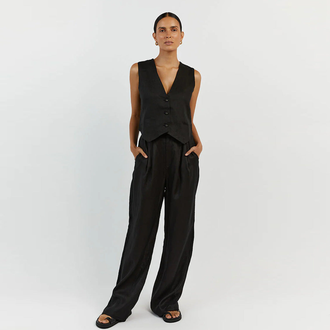 Noa | Chic Zomerset – Linnenlook Gilet en Broek met Wijde Pijp