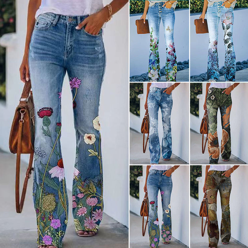 Dames Bloemen Flared Broek – Lange Broek met Hoge Taille en Trendy Pasvorm
