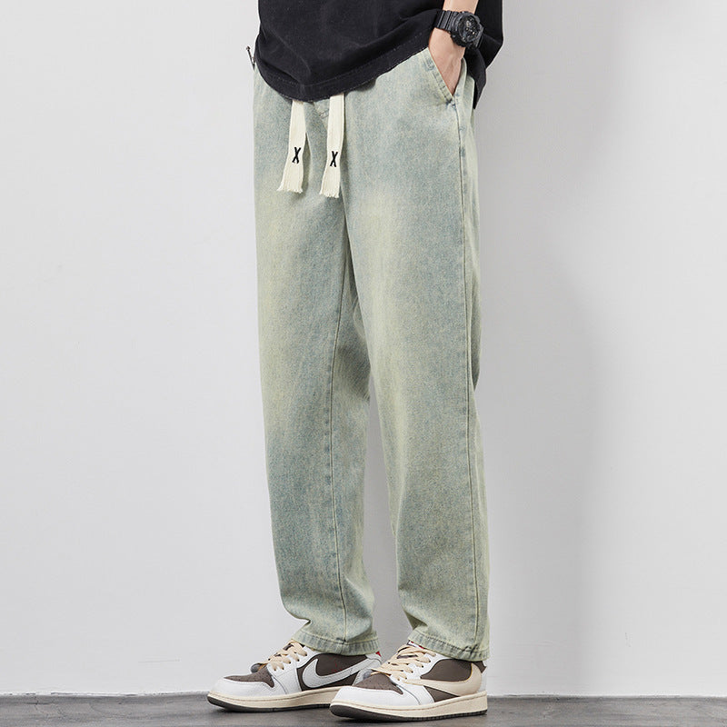 Heren Zomer Losse Wijde Pijpen Jeans – Elastische Taille met Trekkoord