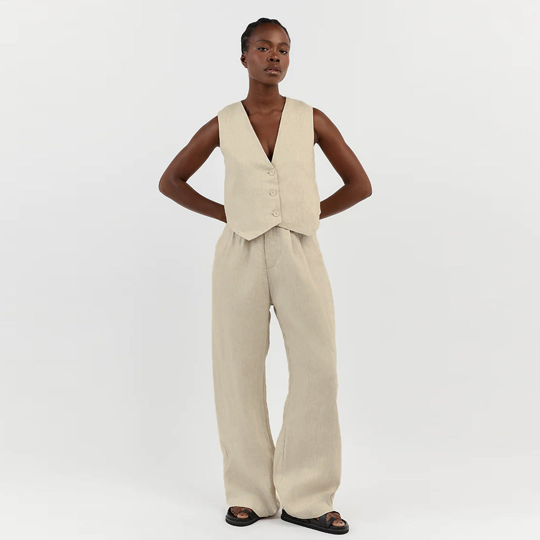 Noa | Chic Zomerset – Linnenlook Gilet en Broek met Wijde Pijp