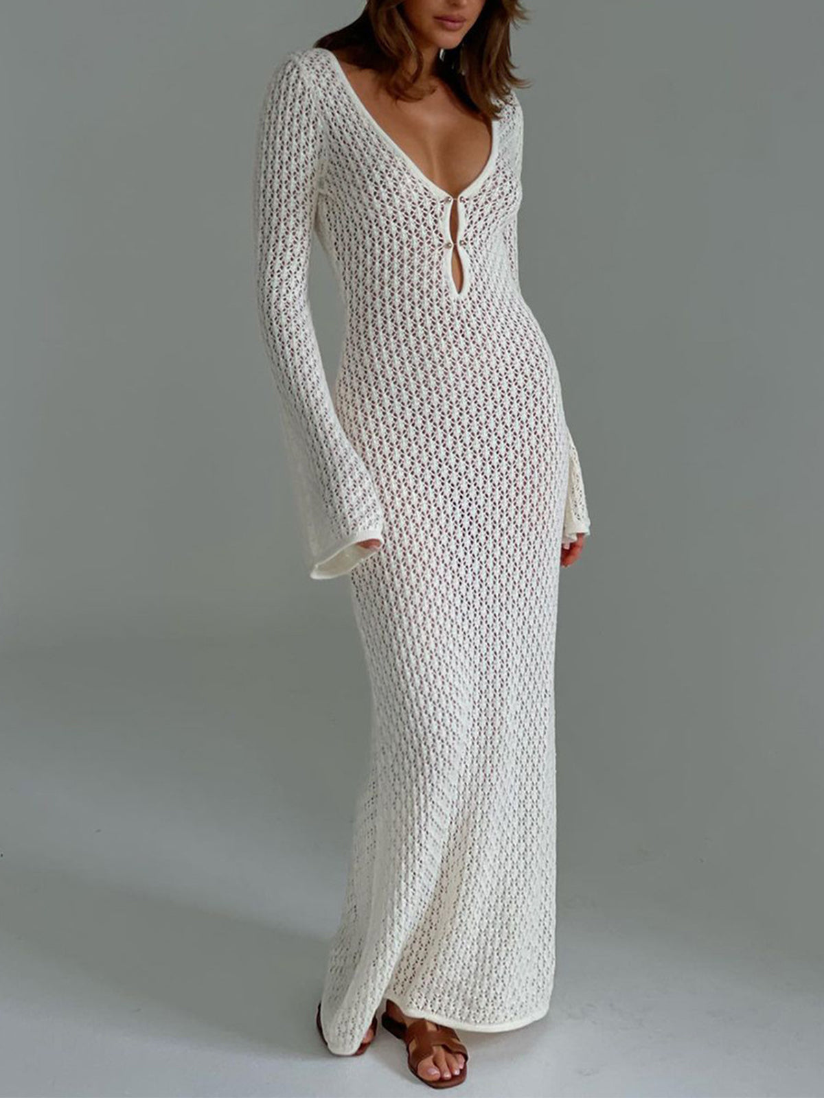 Sophia Dress | Lange Mouw Jurk met Open Rug – Elegantie in een Stijlvolle Cover-up