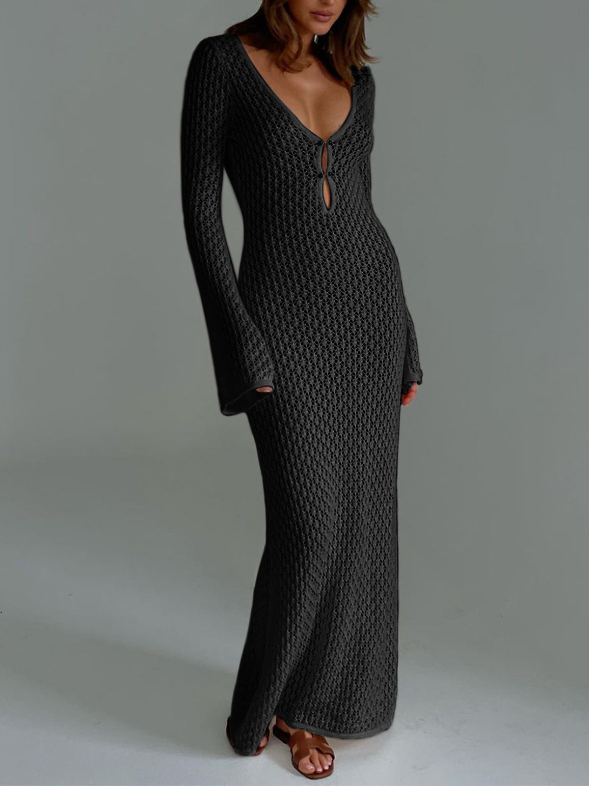 Sophia Dress | Lange Mouw Jurk met Open Rug – Elegantie in een Stijlvolle Cover-up