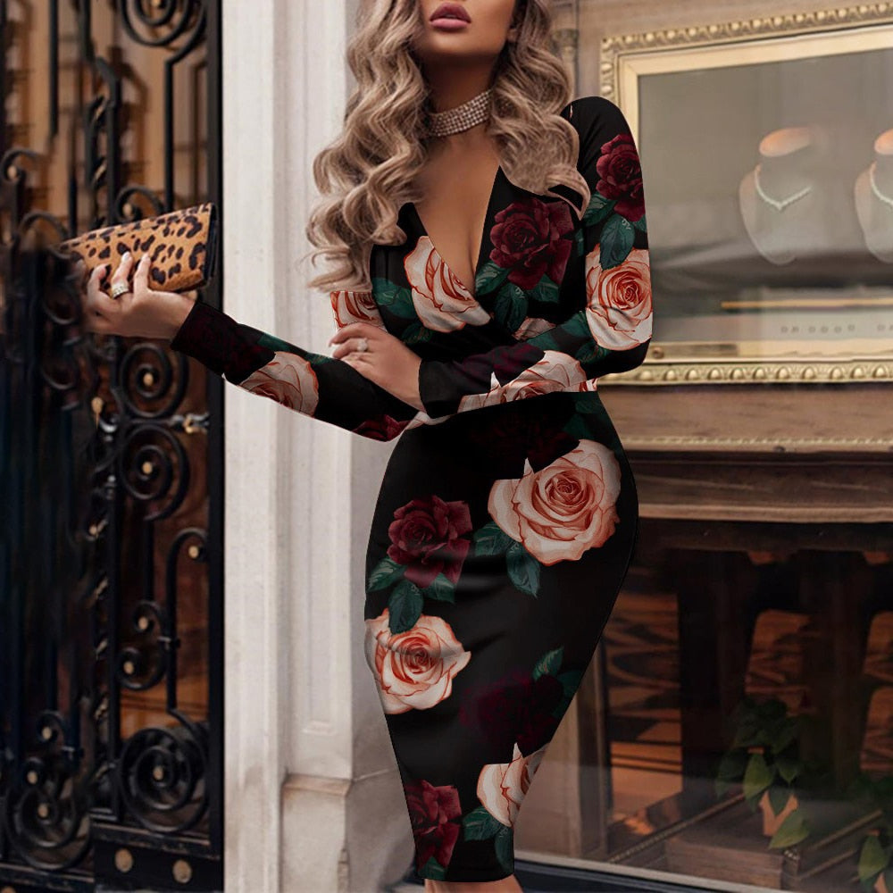 Selena Dress | Sexy V-Hals Pailletten Bodycon Jurk | Lange Mouw Midi Party Jurk