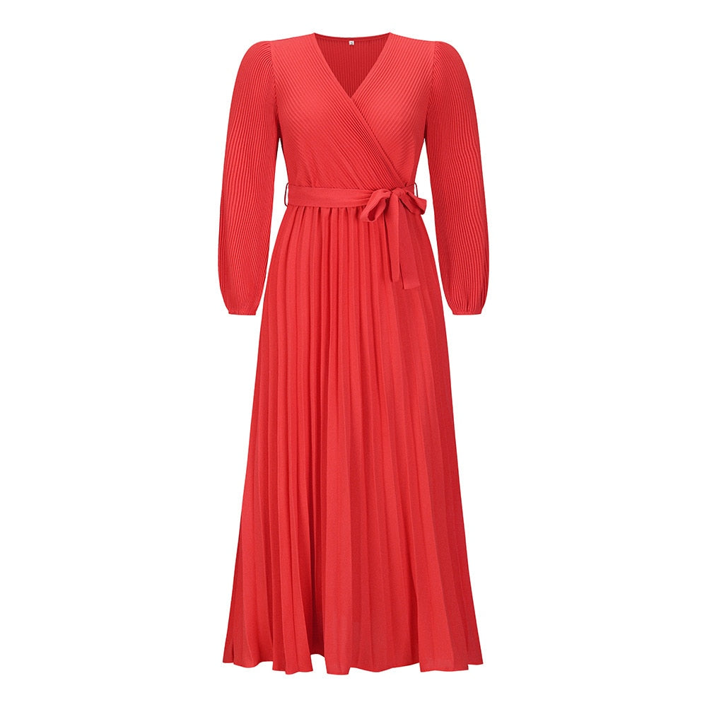 LUNARA – V-Hals Geplooide Maxi Jurk | Lente-Zomer Elegantie met Verleidelijk Volume