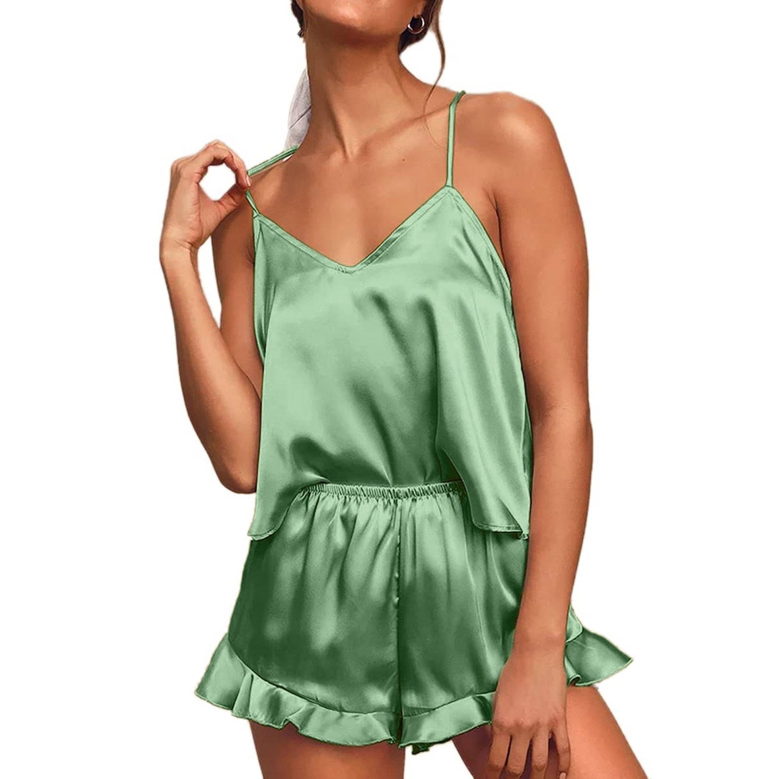 Satijnen Pyjama Set voor Dames – Luxe, Romantische Nachtmode met Elegante Pasvorm en Zacht Satijn