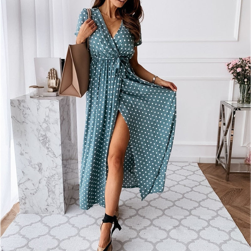 SOLA – Bohemian Maxi Jurk met V-Hals & Korte Mouwen | Zomer Must-Have