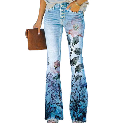Dames Bloemen Flared Broek – Lange Broek met Hoge Taille en Trendy Pasvorm