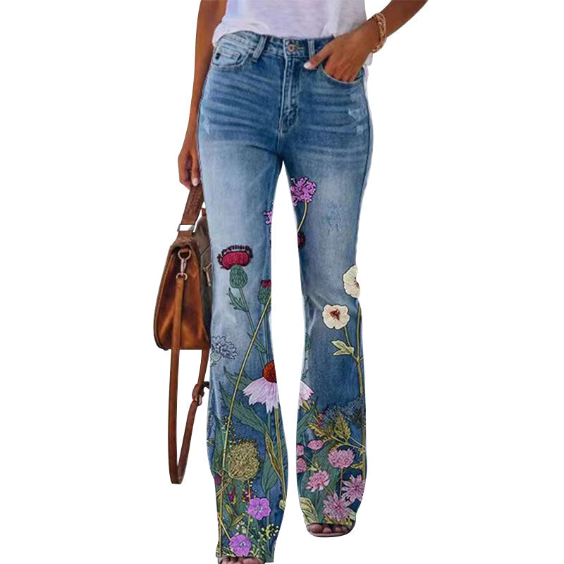 Dames Bloemen Flared Broek – Lange Broek met Hoge Taille en Trendy Pasvorm