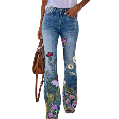 Dames Bloemen Flared Broek – Lange Broek met Hoge Taille en Trendy Pasvorm