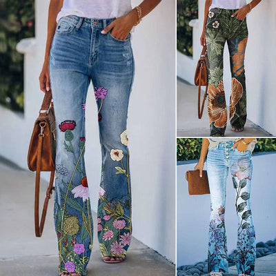 Dames Bloemen Flared Broek – Lange Broek met Hoge Taille en Trendy Pasvorm