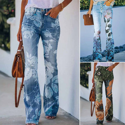 Dames Bloemen Flared Broek – Lange Broek met Hoge Taille en Trendy Pasvorm