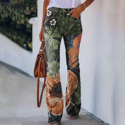 Dames Bloemen Flared Broek – Lange Broek met Hoge Taille en Trendy Pasvorm