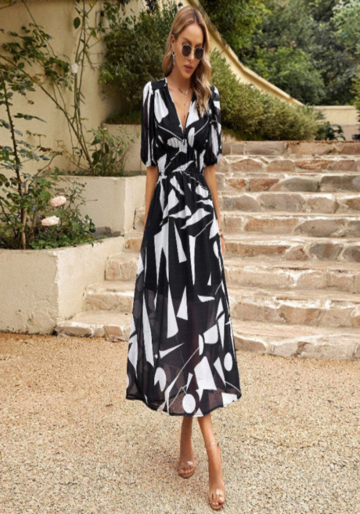 Elegante Midi Jurk met V-Hals | Kleurrijke Prints voor een Tijdloze Look