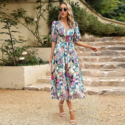 Elegante Midi Jurk met V-Hals | Kleurrijke Prints voor een Tijdloze Look