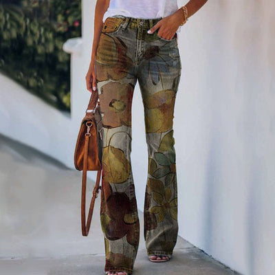 Dames Bloemen Flared Broek – Lange Broek met Hoge Taille en Trendy Pasvorm