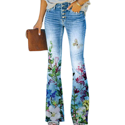 Dames Bloemen Flared Broek – Lange Broek met Hoge Taille en Trendy Pasvorm