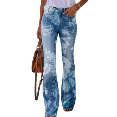 Dames Bloemen Flared Broek – Lange Broek met Hoge Taille en Trendy Pasvorm
