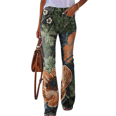 Dames Bloemen Flared Broek – Lange Broek met Hoge Taille en Trendy Pasvorm