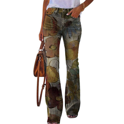 Dames Bloemen Flared Broek – Lange Broek met Hoge Taille en Trendy Pasvorm
