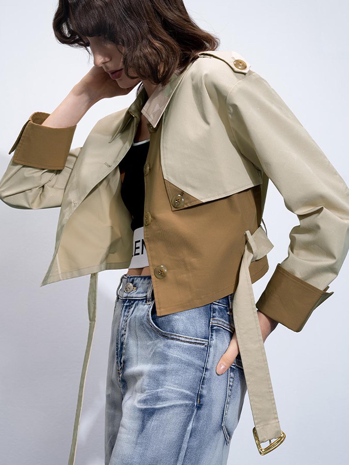 Dames Cropped Trenchcoat | Colourblock Design – Trendy en Tijdloos