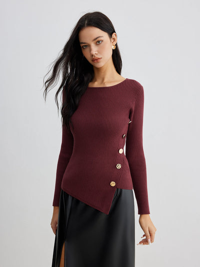 Haut côtelé pour femme avec design asymétrique et boutons | Élégant et confortable