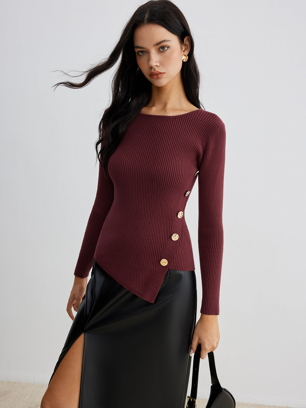 Haut côtelé pour femme avec design asymétrique et boutons | Élégant et confortable
