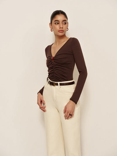 Women's Long Sleeve Top | Elegant V-Neck Ruffled Top