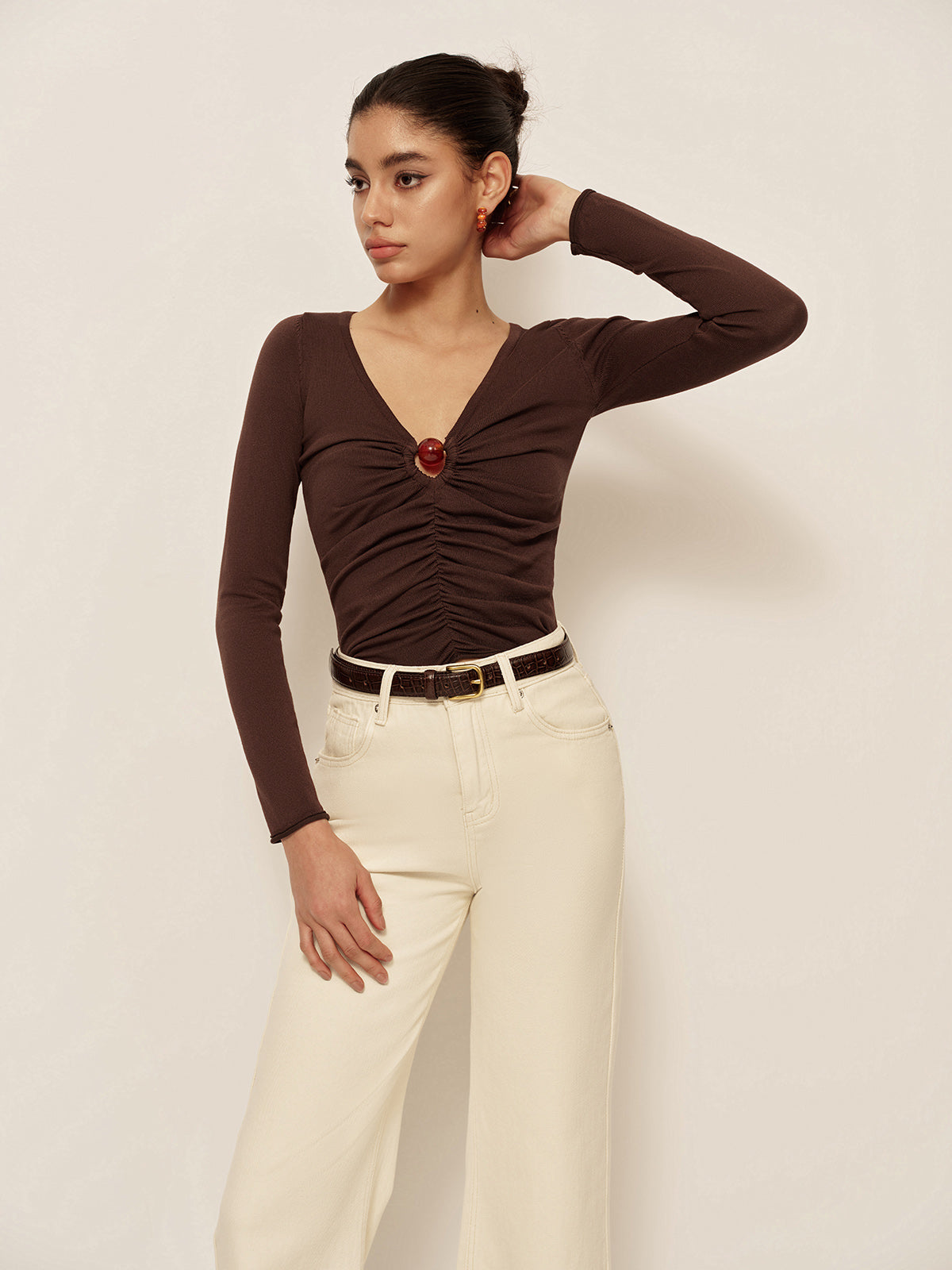 Women's Long Sleeve Top | Elegant V-Neck Ruffled Top