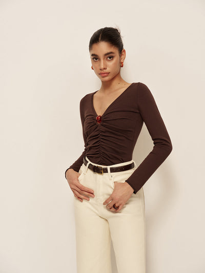 Women's Long Sleeve Top | Elegant V-Neck Ruffled Top