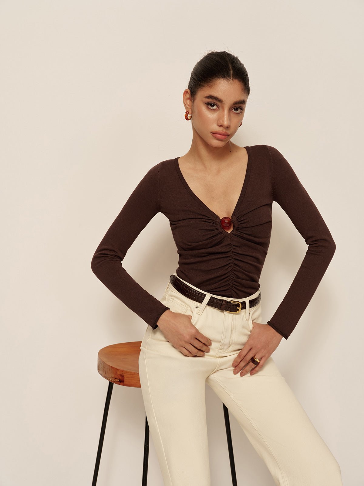 Women's Long Sleeve Top | Elegant V-Neck Ruffled Top