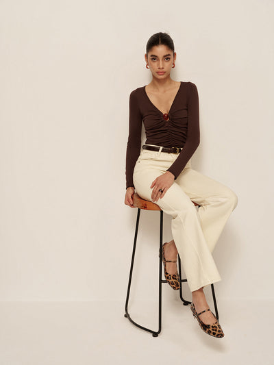 Women's Long Sleeve Top | Elegant V-Neck Ruffled Top