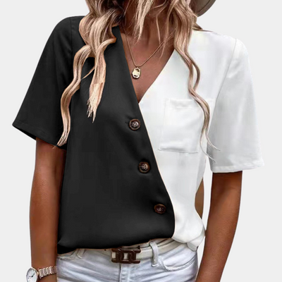 Elina Blouse – Chic Women's Blouse with V-Neck, Button Detail and Two-Tone Design