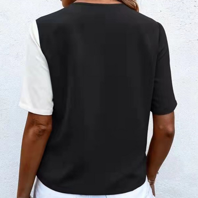Elina Blouse – Chic Women's Blouse with V-Neck, Button Detail and Two-Tone Design