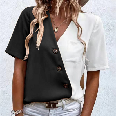 Elina Blouse – Chic Women's Blouse with V-Neck, Button Detail and Two-Tone Design