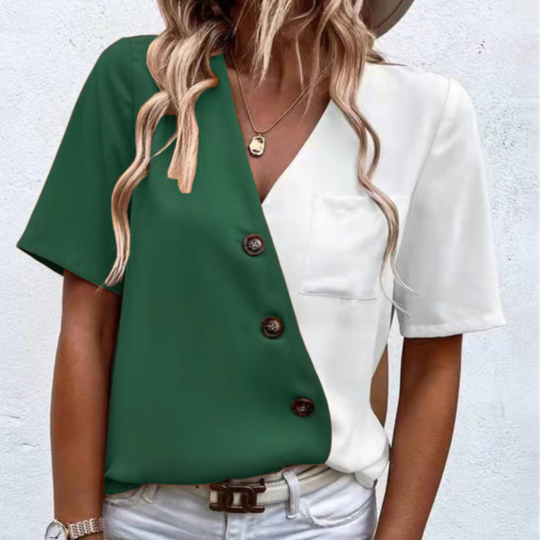 Elina Blouse – Chic Women's Blouse with V-Neck, Button Detail and Two-Tone Design