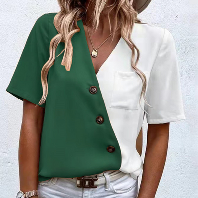 Elina Blouse – Chic Women's Blouse with V-Neck, Button Detail and Two-Tone Design