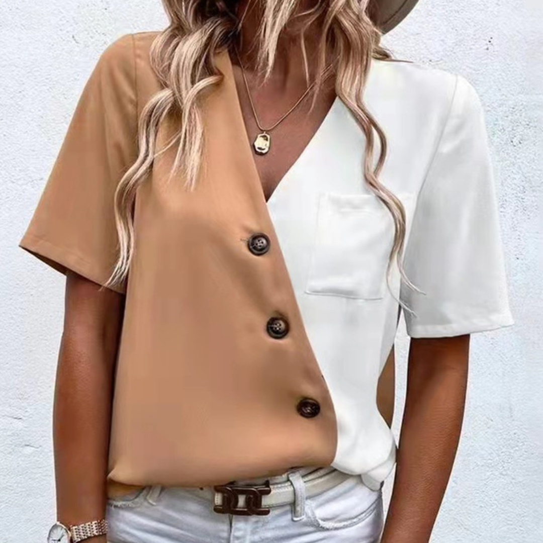 Elina Blouse – Chic Women's Blouse with V-Neck, Button Detail and Two-Tone Design