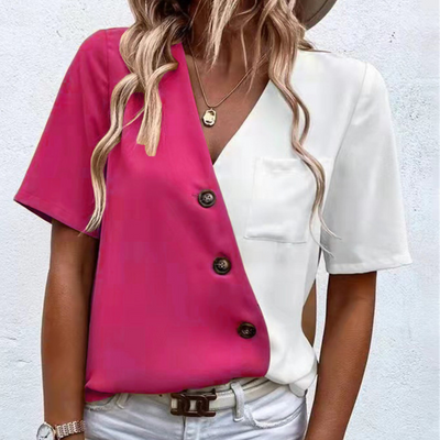 Elina Blouse – Chic Women's Blouse with V-Neck, Button Detail and Two-Tone Design