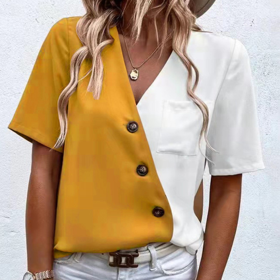 Elina Blouse – Chic Women's Blouse with V-Neck, Button Detail and Two-Tone Design
