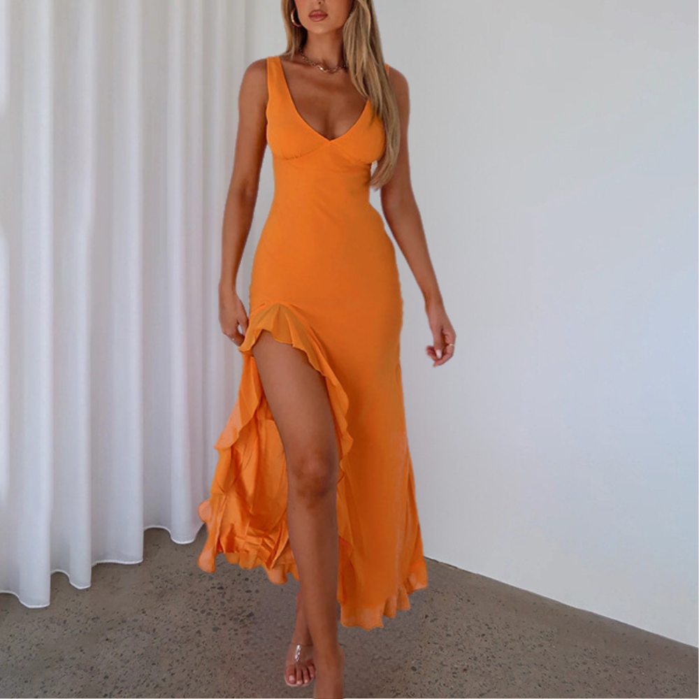 Elena – Women's V-Neck Evening Dress | Elegant Dress with Slit and Ruffles