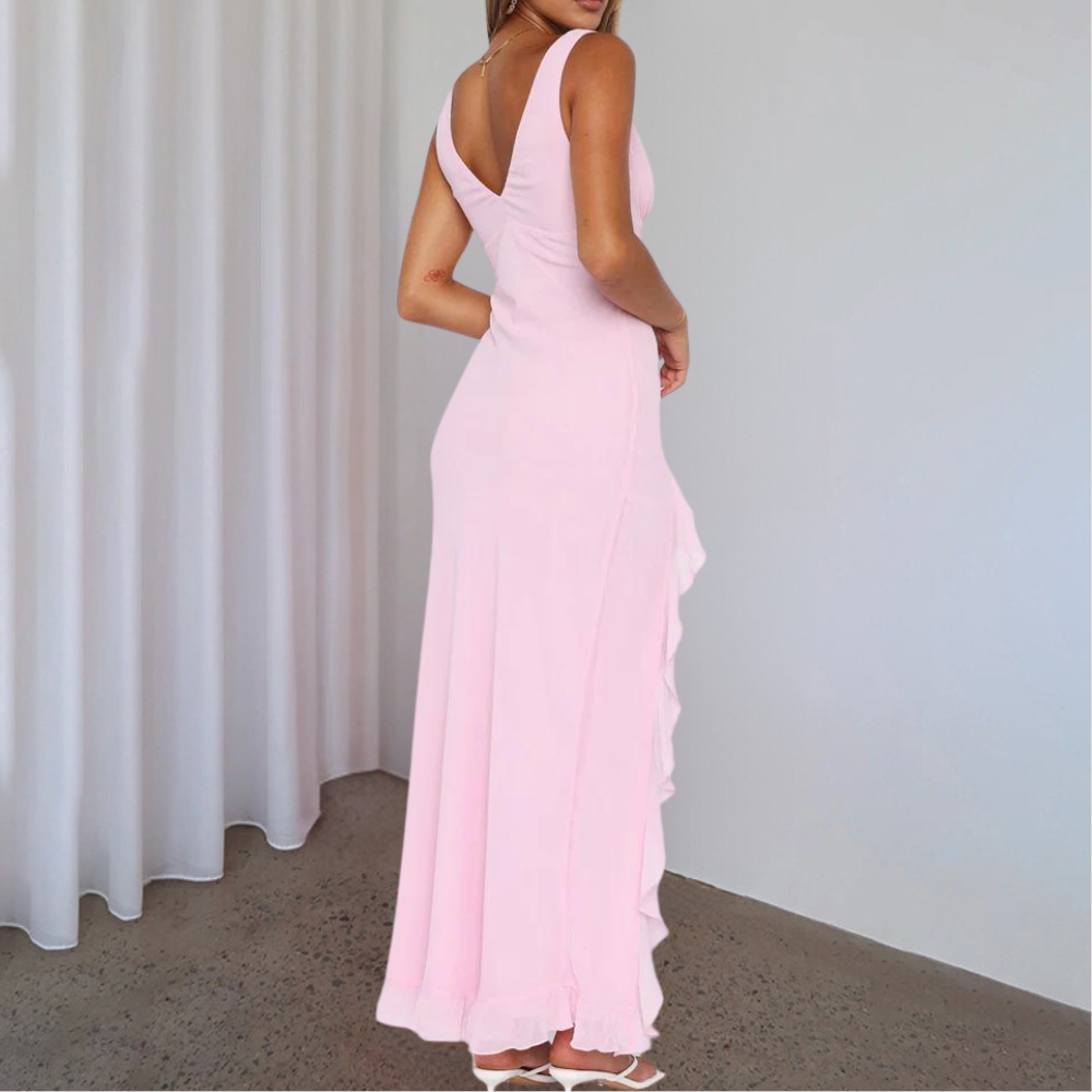 Elena – Women's V-Neck Evening Dress | Elegant Dress with Slit and Ruffles