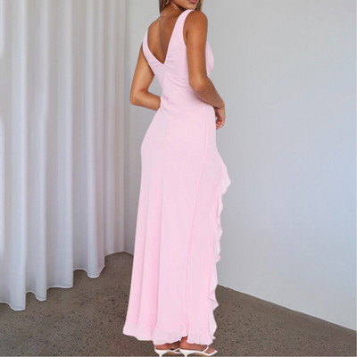 Elena – Women's V-Neck Evening Dress | Elegant Dress with Slit and Ruffles