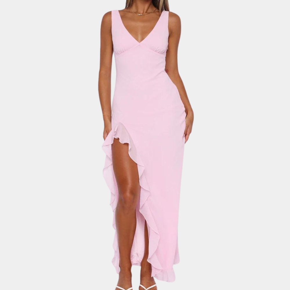 Elena – Women's V-Neck Evening Dress | Elegant Dress with Slit and Ruffles