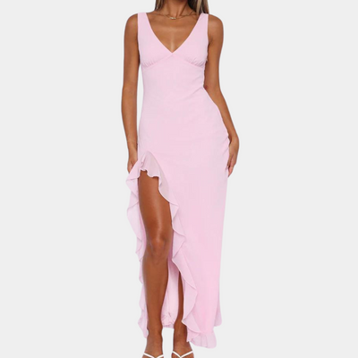 Elena – Women's V-Neck Evening Dress | Elegant Dress with Slit and Ruffles