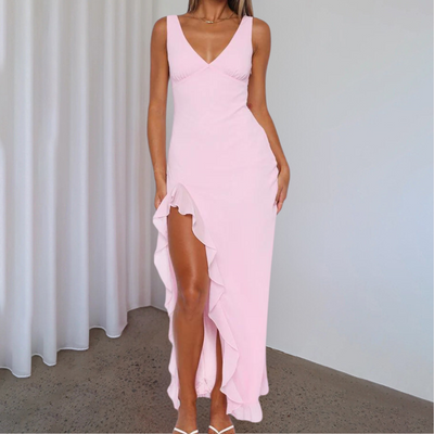Elena – Women's V-Neck Evening Dress | Elegant Dress with Slit and Ruffles