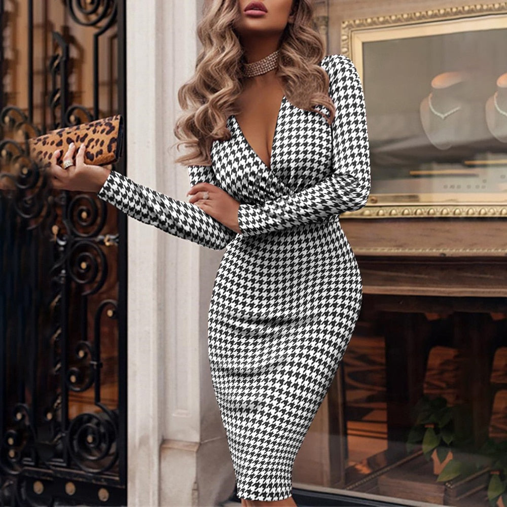 Selena Dress | Sexy V-Hals Pailletten Bodycon Jurk | Lange Mouw Midi Party Jurk