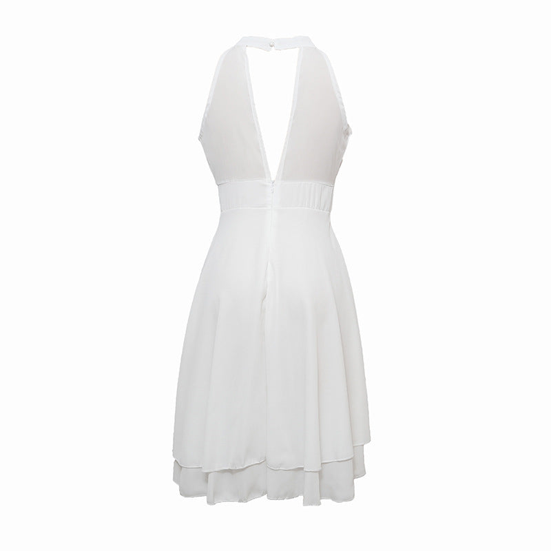 Elegant Summer Halter Midi Dress | Sleeveless - High Waist - Layered Chiffon Design