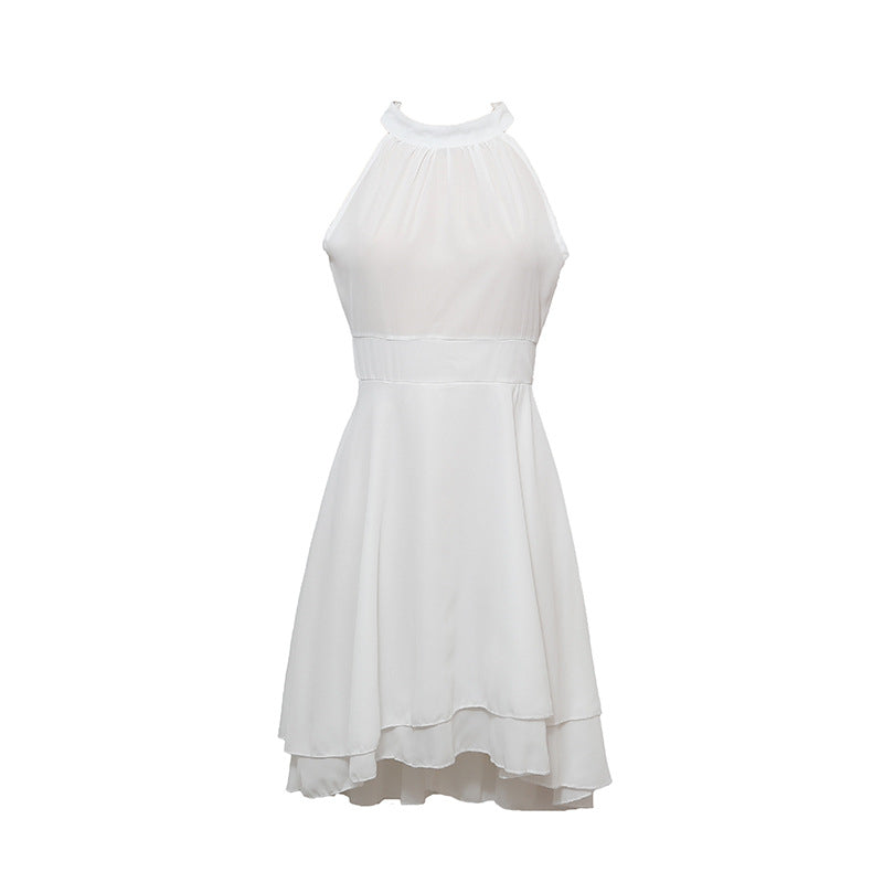 Elegant Summer Halter Midi Dress | Sleeveless - High Waist - Layered Chiffon Design