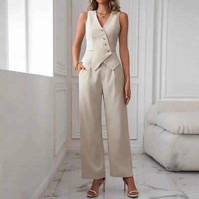 Isla | Beige Sleeveless Blazer Jumpsuit – Stylish Two Piece Set for Women