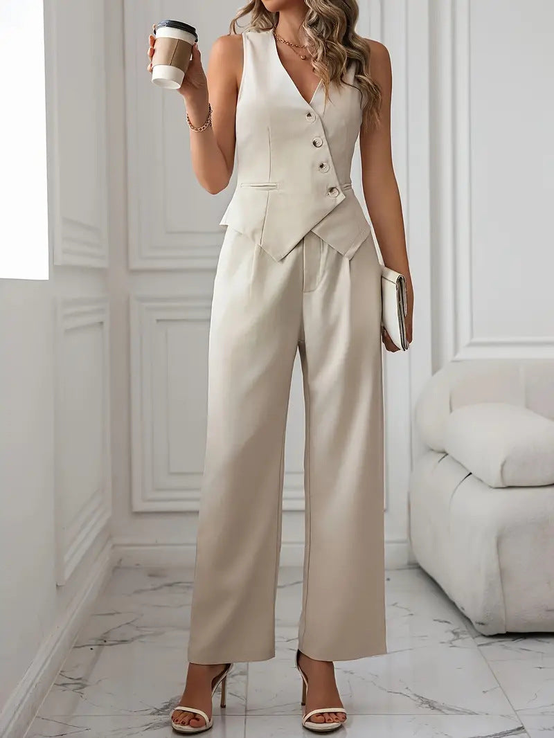 Isla | Beige Sleeveless Blazer Jumpsuit – Stylish Two Piece Set for Women